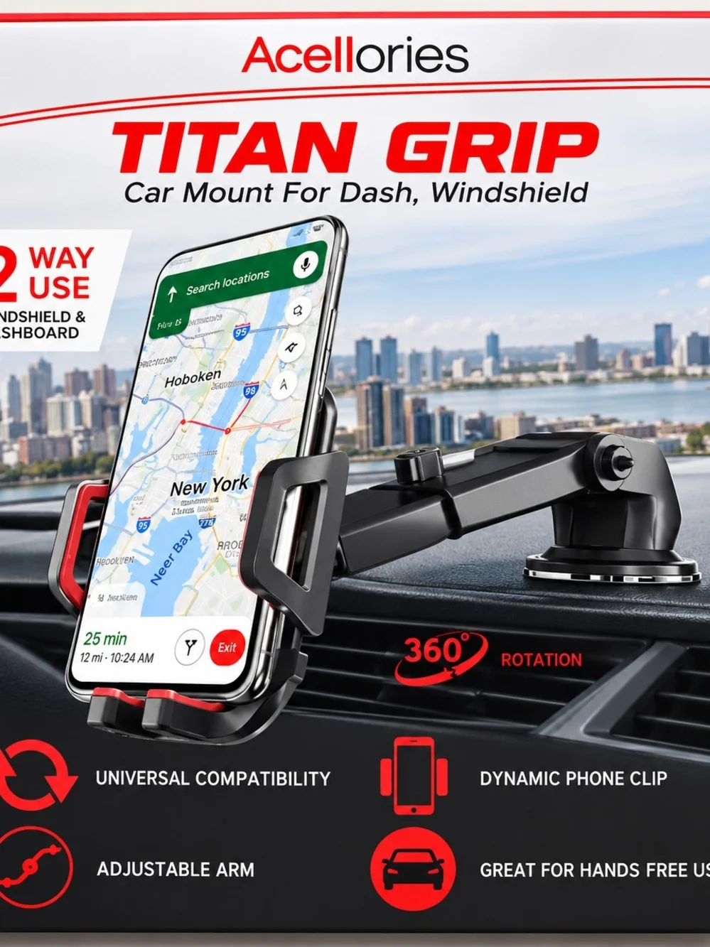 Universal Black & Red Dashboard/Windshield Phone Mount - Secure Grip